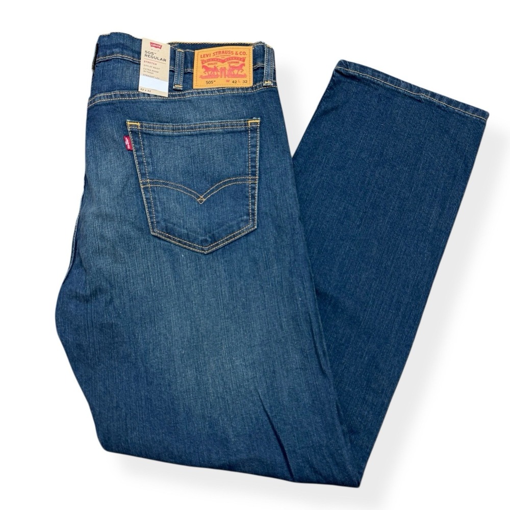 Levis 505 Jeans Mens 42X32 Blue Denim Regular Straight Leg Stretch Dark Wash NWT